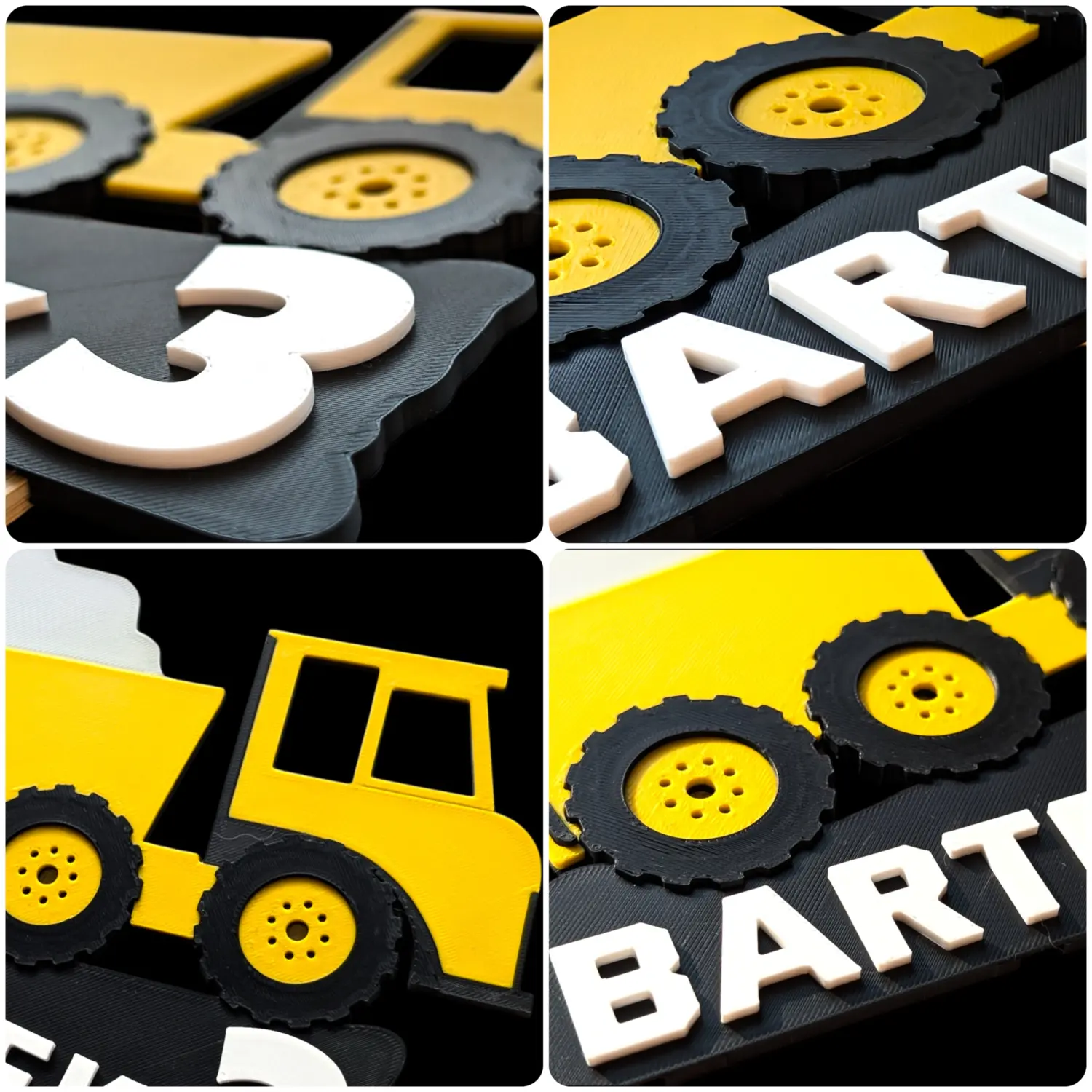 Detale 3D wywrotki na ciemnym tle – zbliżenie na wystające elementy kół i personalizację