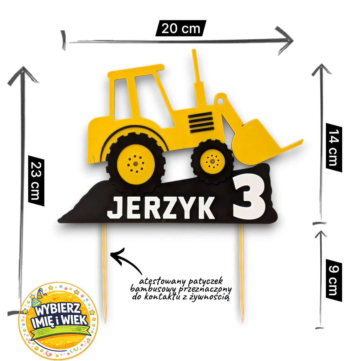 Personalizowany topper na tort Koparka z imieniem i wiekiem dziecka