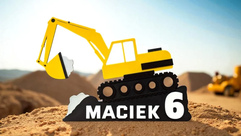 Topper koparka na gąsienicach z szarym gruzem - personalizowana dekoracja na tort