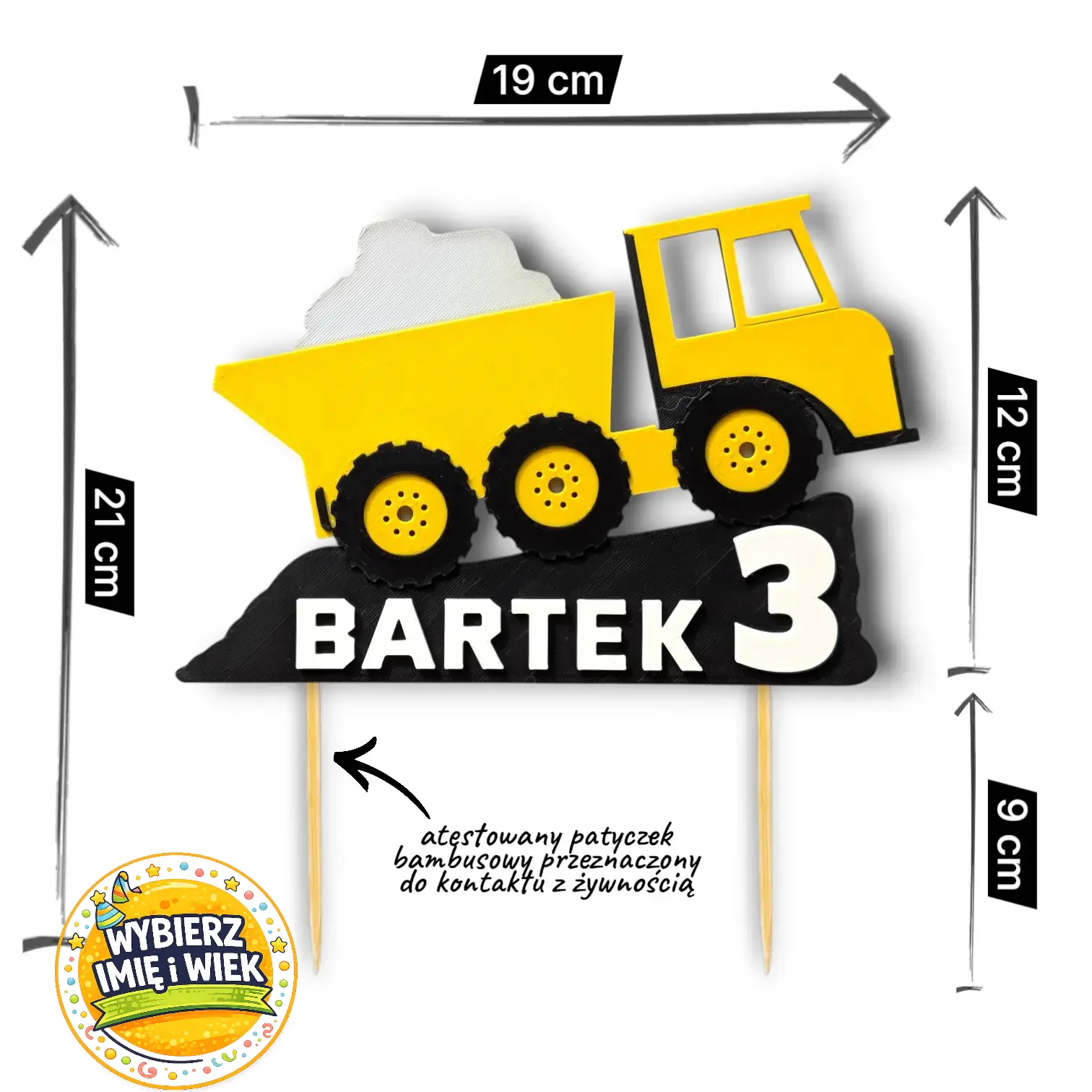 Personalizowany topper na tort ciężarówka wywrotka z imieniem