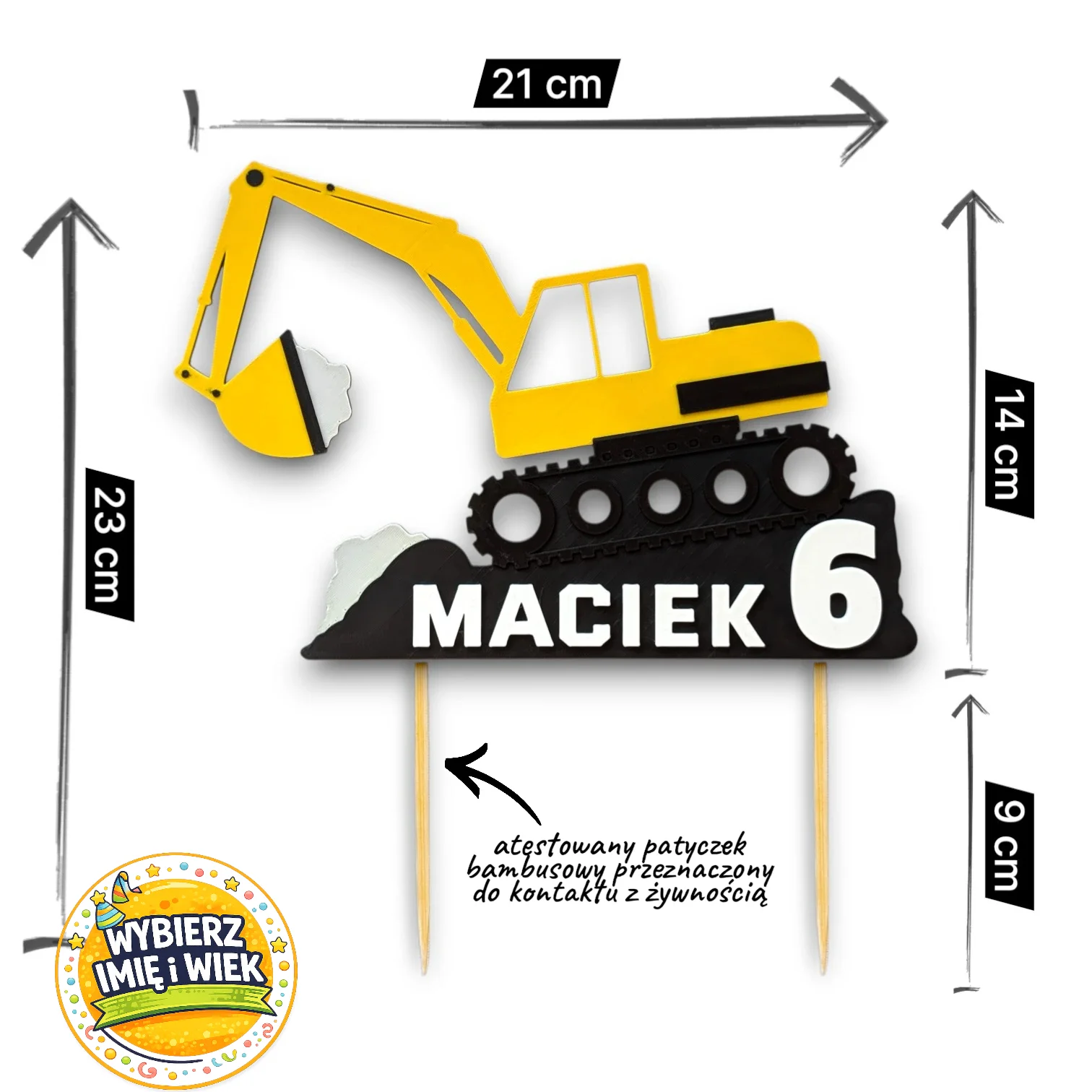 Personalizowany topper na tort koparka na gąsienicach z imieniem i wiekiem