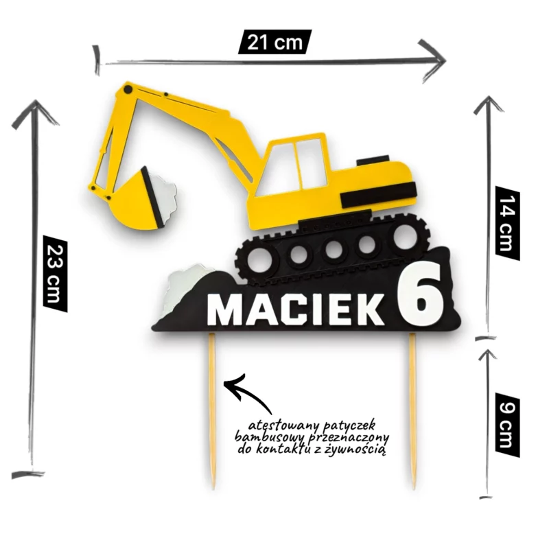 Wymiary toppera koparka na gąsienicach - ozdoba 21cm z szarym gruzem