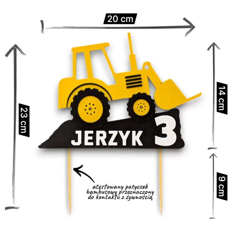 Personalizowany topper na tort Koparka z imieniem i wiekiem dziecka