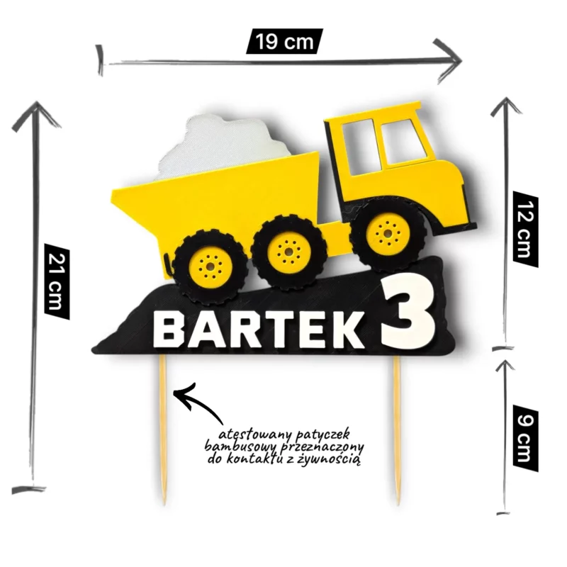 Wymiary toppera wywrotka - szerokość 19cm ozdoba na tort