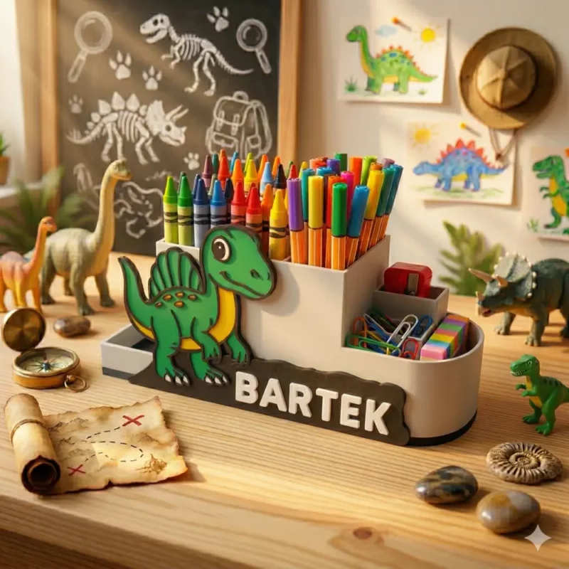 Organizer na biurko dinozaur - zielony spinozaur w pokoju fana prehistorii. Pojemnik na przybory szkolne z imieniem ułatwiający porządek na biurku.