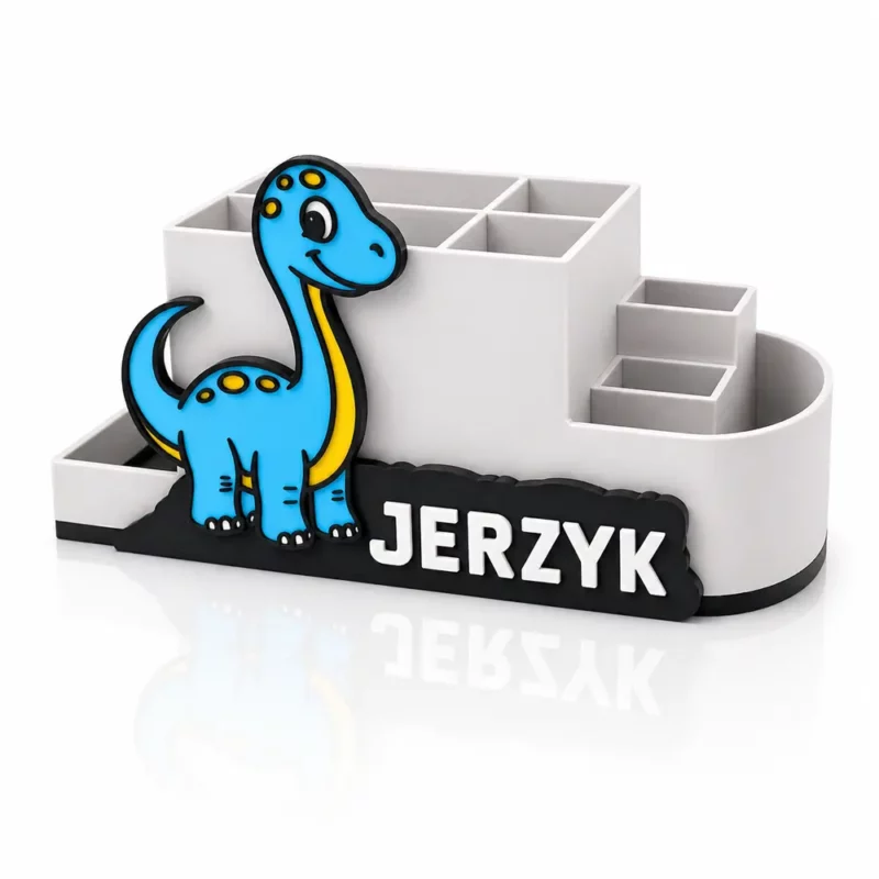 Pusty przybornik szkolny i organizer na biurko dinozaur - niebieski brontozaur, ukazujący pojemne, schodkowe przegródki na akcesoria.