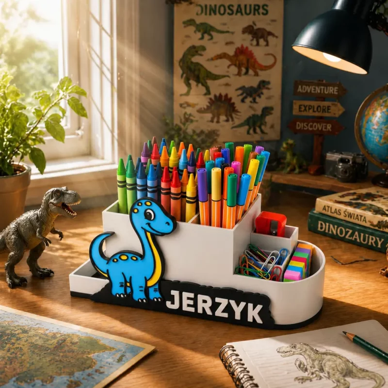 Organizer na biurko z niebieskim brontozaurem i imieniem Jerzyk, pełen przyborów szkolnych, stojący na drewnianym biurku w pokoju fana dinozaurów.