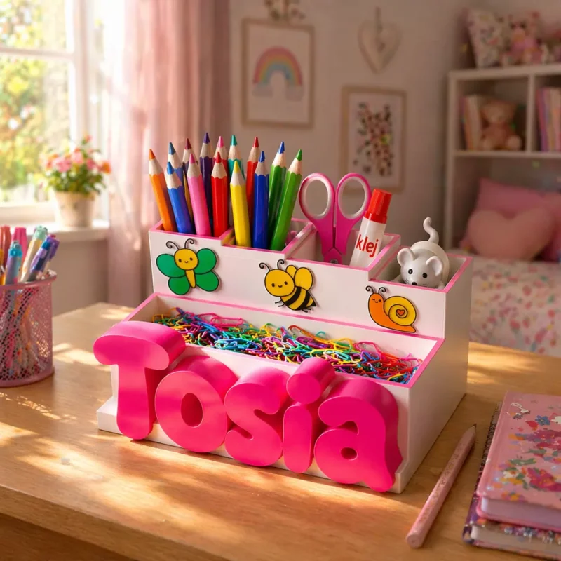 Personalizowany organizer na biurko w kształcie przybornika z imieniem Tosia, stojący na drewnianym biurku w przytulnym pokoju dziecięcym. Przybornik jest w pełni wyposażony: tylne przegródki mieszczą kolorowe kredki, różowe nożyczki, klej i figurkę myszki, a przednia wypełniona jest mnóstwem kolorowych spinaczy. W tle widać oświetlony słońcem pokój dziewczynki z łóżkiem i obrazkiem tęczy na ścianie.