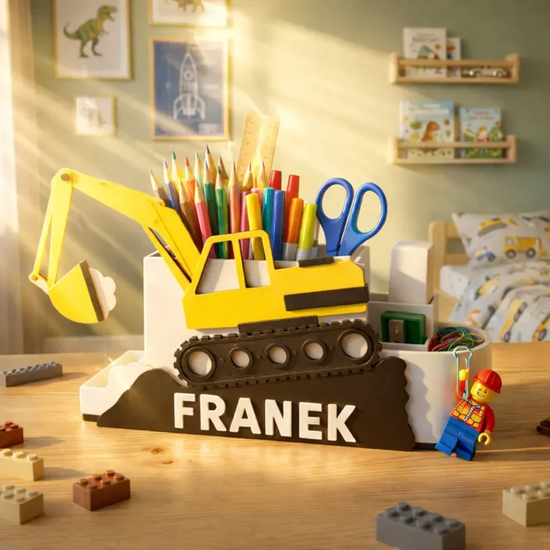Żółty organizer na biurko koparka na gąsienicach z imieniem Franek w pokoju dziecięcym. Przybornik stoi na biurku ucznia wypełniony kredkami, w tle pościel budowlana.