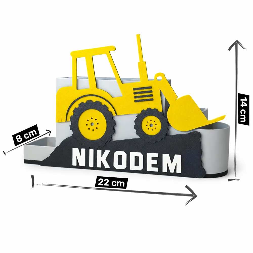 Dokładne wymiary produktu: organizer na biurko koparka. Grafika przedstawia wymiary: szerokość 22 cm, wysokość 14 cm i głębokość 8 cm.