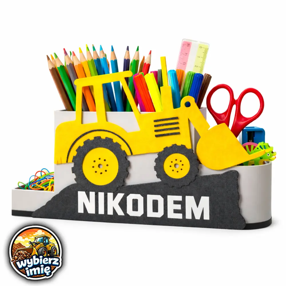 Organizer na biurko koparka wypełniony kredkami i nożyczkami. Zdjęcie poglądowe pokazujące pojemność (produkt sprzedawany bez widocznego wyposażenia).