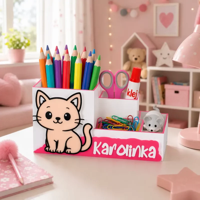 Personalizowany organizer na biurko z kotkiem w pokoju dziewczynki, wypełniony kolorowymi kredkami, nożyczkami i przyborami szkolnymi.