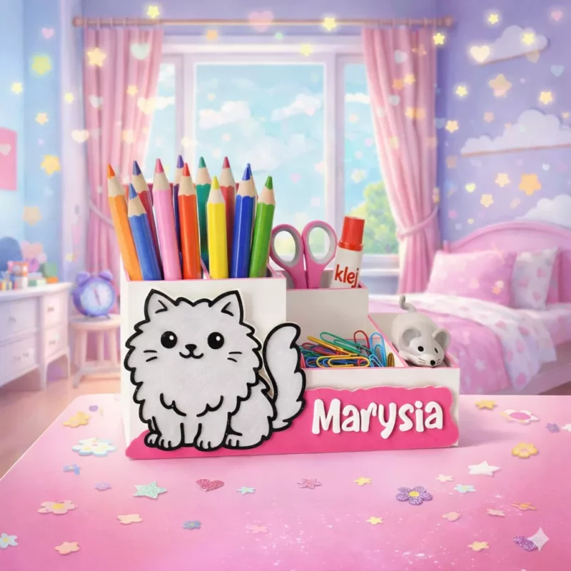 Personalizowany organizer na biurko kotek puszek z różowym imieniem Marysia, wypełniony kredkami, stojący na biurku w bajkowym pokoju dziewczynki.