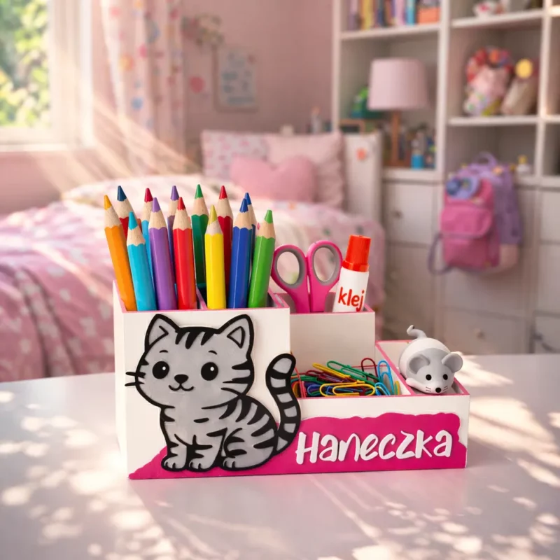Personalizowany organizer na biurko kotek w paski z różowym imieniem Haneczka, wypełniony przyborami szkolnymi, stojący na biurku w pokoju dziewczynki.