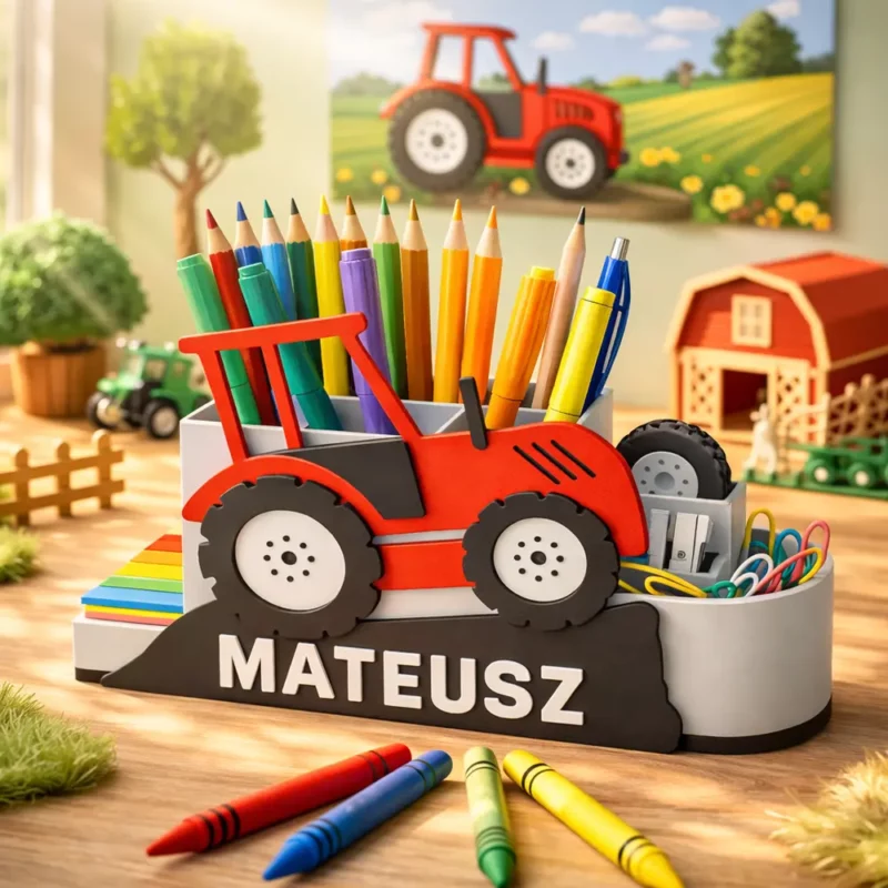 Czerwony organizer na biurko traktor ustawiony na blacie w pokoju chłopca. Pojemnik pomaga utrzymać porządek wśród kredek i długopisów.