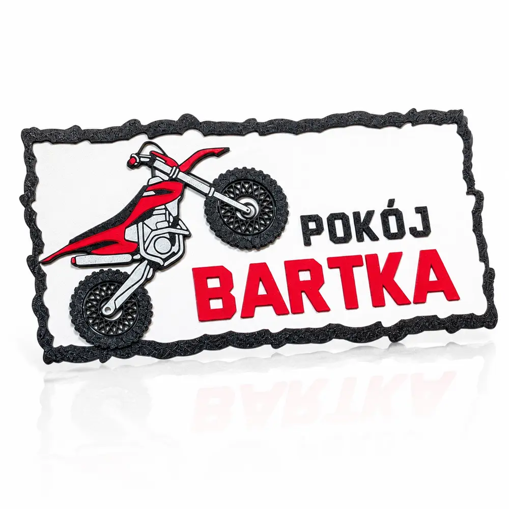 Tabliczka na drzwi z imieniem dziecka motocross, wzór z czerwonym motorem i napisem Pokój Bartka