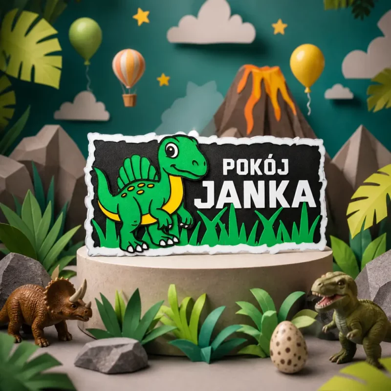 Personalizowana tabliczka na drzwi z imieniem dziecka i zielonym dinozaurem w pokoju dziecięcym
