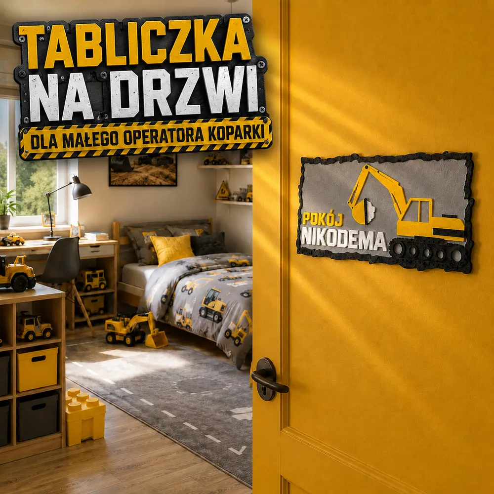 Tabliczka na drzwi z imieniem koparka zamontowana na drzwiach pokoju dziecka
