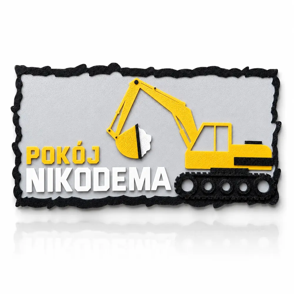 Tabliczka na drzwi z imieniem koparka, personalizowana dekoracja do pokoju dziecka z żółtą koparką