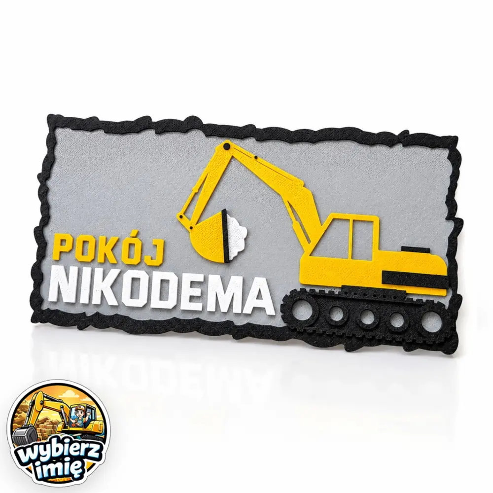 Tabliczka na drzwi z imieniem koparka z możliwością personalizacji imienia dziecka
