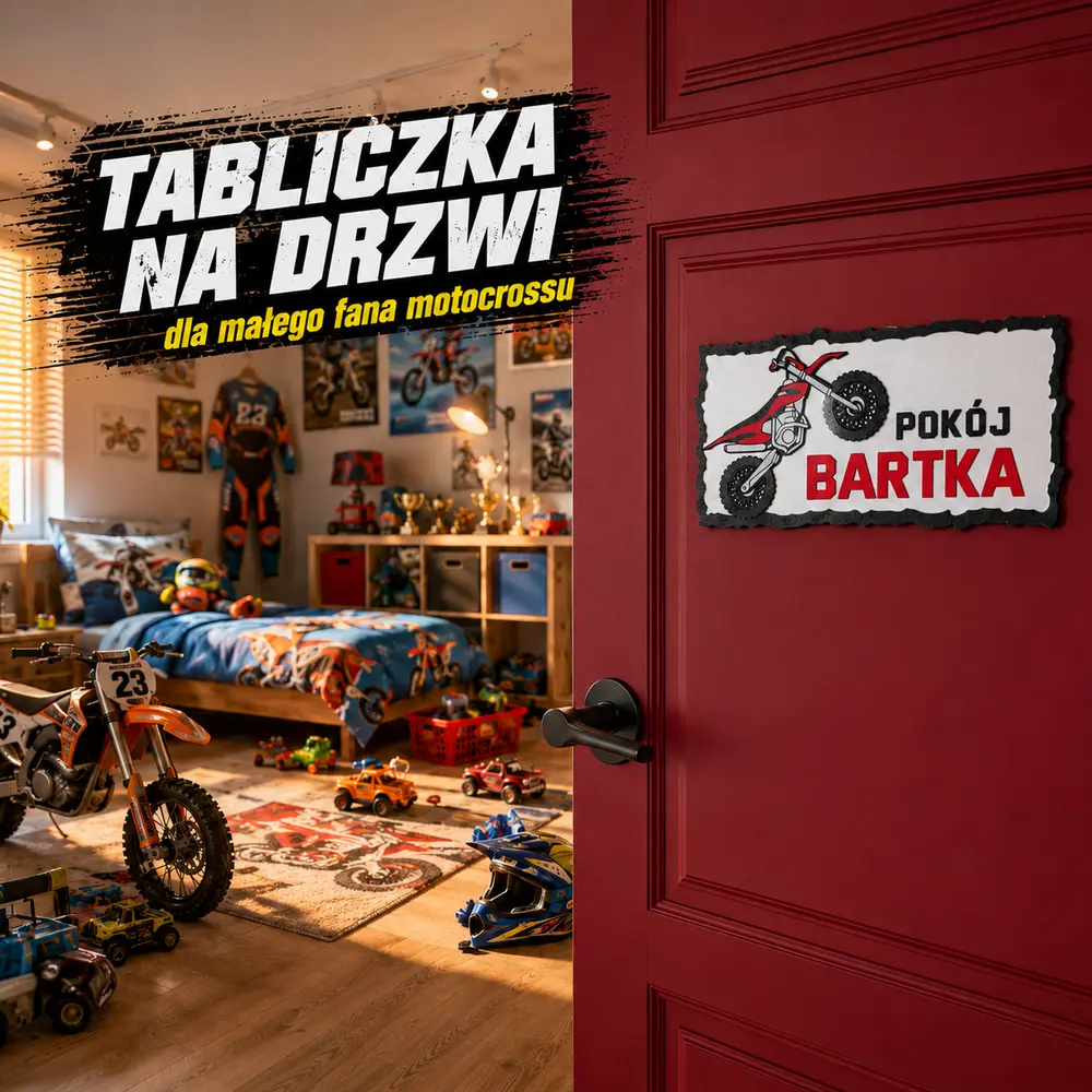 Personalizowana tabliczka na drzwi z imieniem dziecka w stylu motocross na drzwiach pokoju chłopca