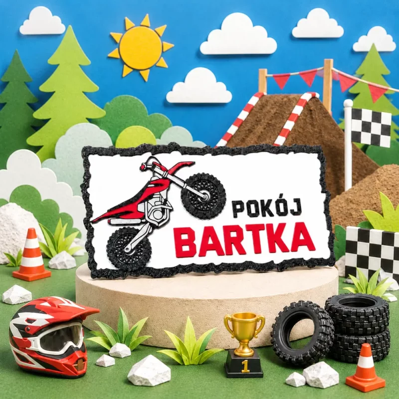 Motocrossowa tabliczka z imieniem dziecka jako dekoracja pokoju małego fana motorów