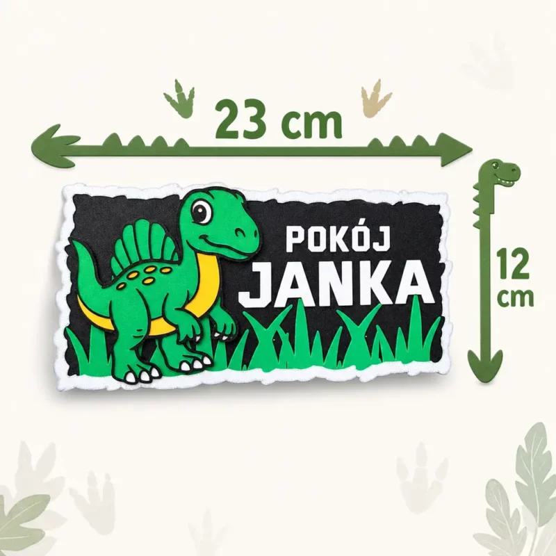 Tabliczka z imieniem dziecka z motywem dinozaura, wymiary 23 cm na 12 cm