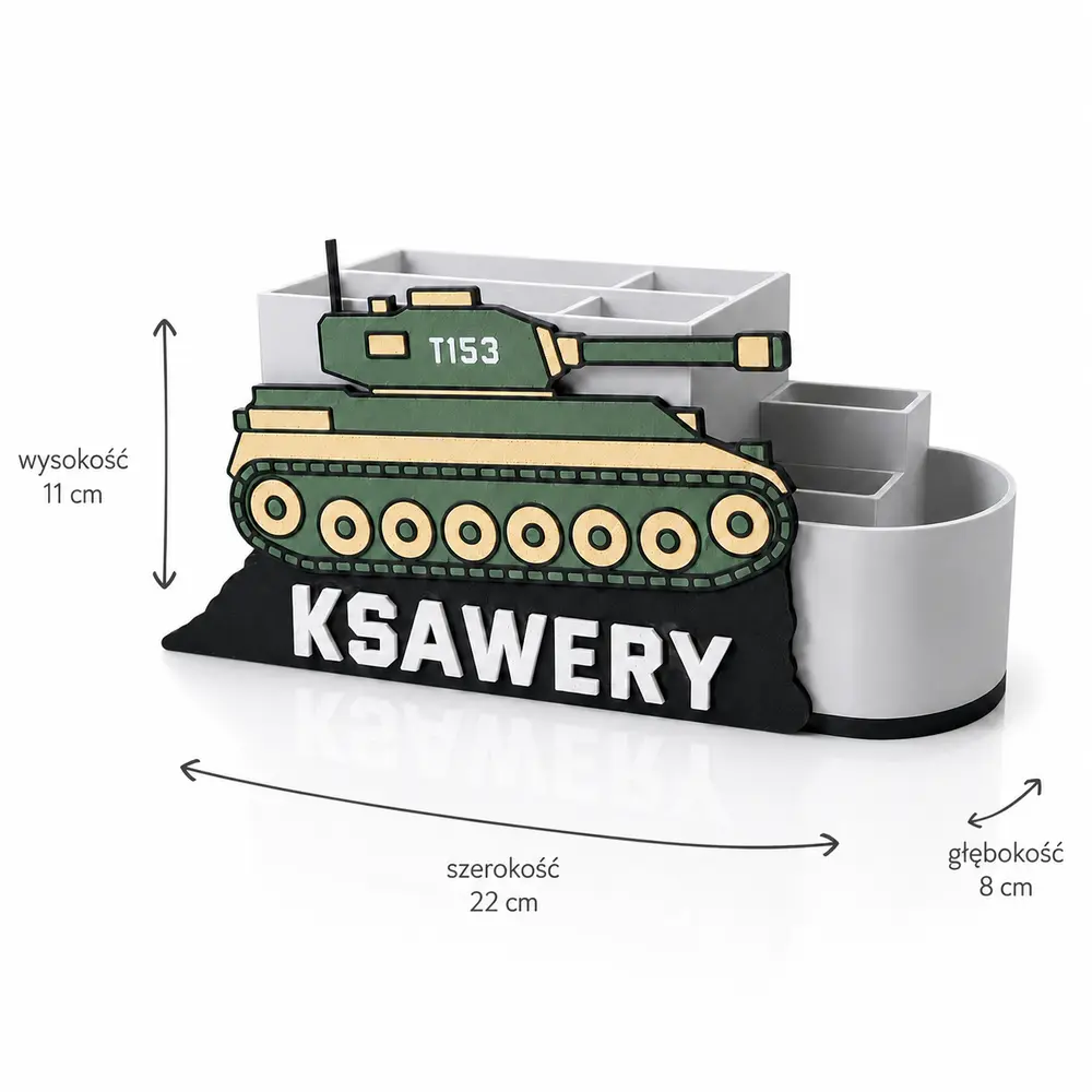 Organizer na biurko czołg z wymiarami 22 cm szerokości, 11 cm wysokości i 8 cm głębokości