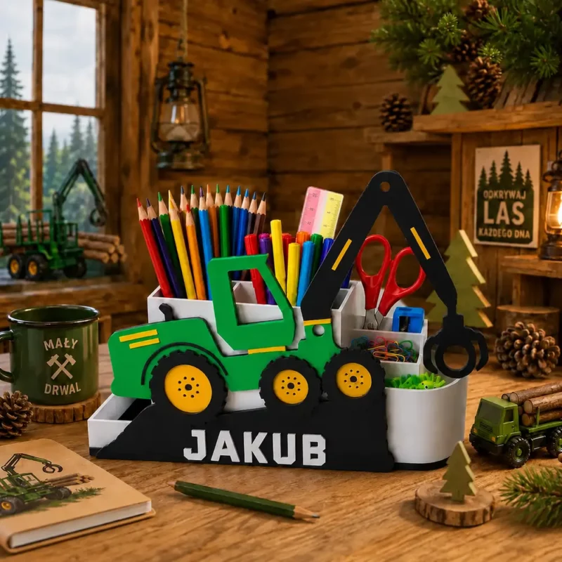 Organizer na biurko harvester z imieniem dziecka na tle leśnego pokoju