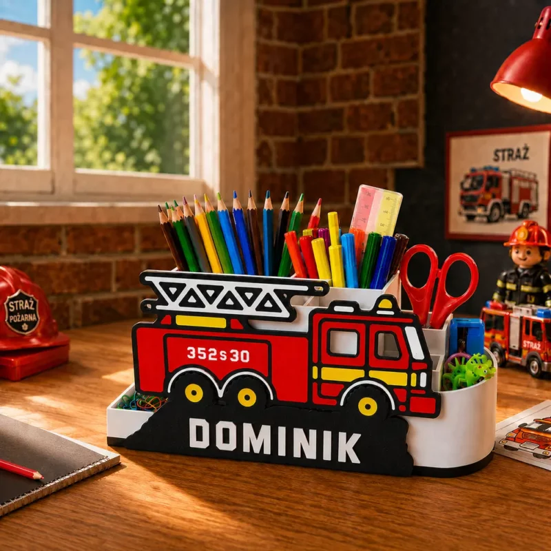 Organizer na biurko straż pożarna z imieniem dziecka ustawiony na drewnianym biurku w pokoju małego strażaka