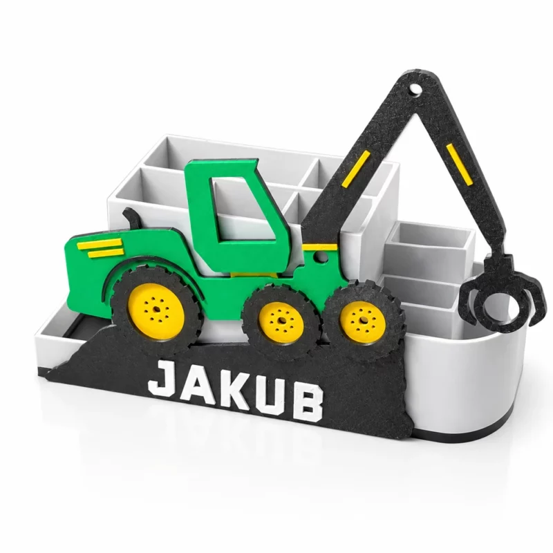 Organizer na biurko z imieniem Jakub i motywem harvestera – widok produktu z boku