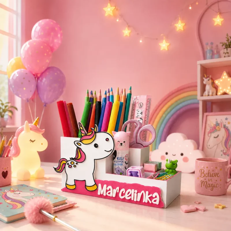 Personalizowany organizer z jednorożcem i imieniem Marcelinka na biurku w różowym pokoju dziewczynki