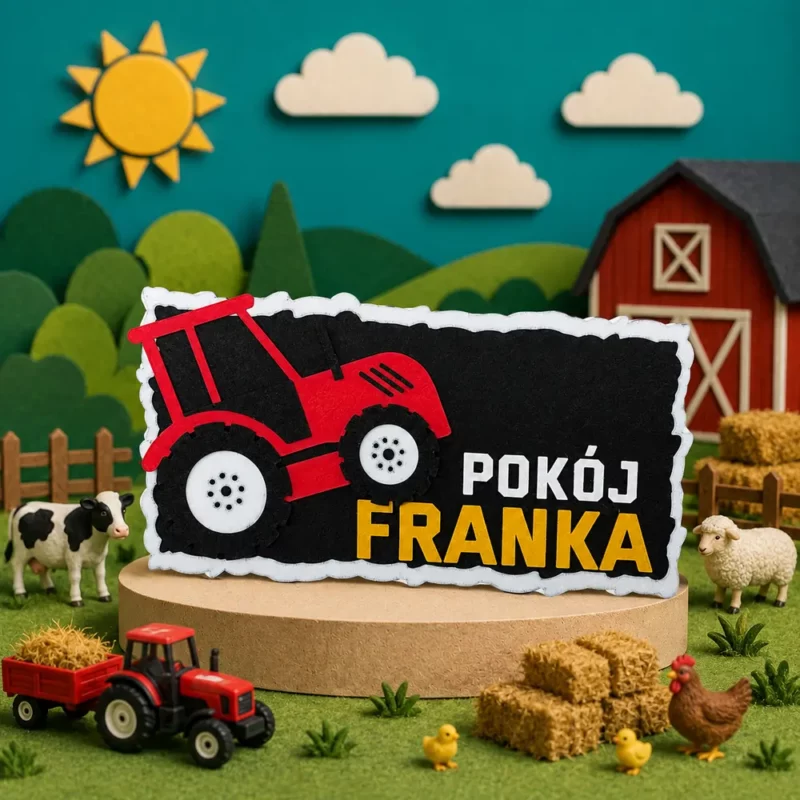 Tabliczka na drzwi z imieniem traktor w aranżacji pokoju dziecka z motywem farmy